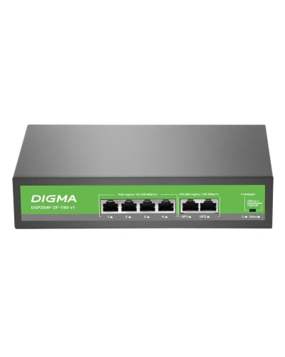 DSP204F-2F-T80 DSP204F-2F-T80 V1 (L2) 6х100Мбит/с 4PoE 4PoE+ 80W. Коммутатор с питанием по PoE. Digma в Бердске